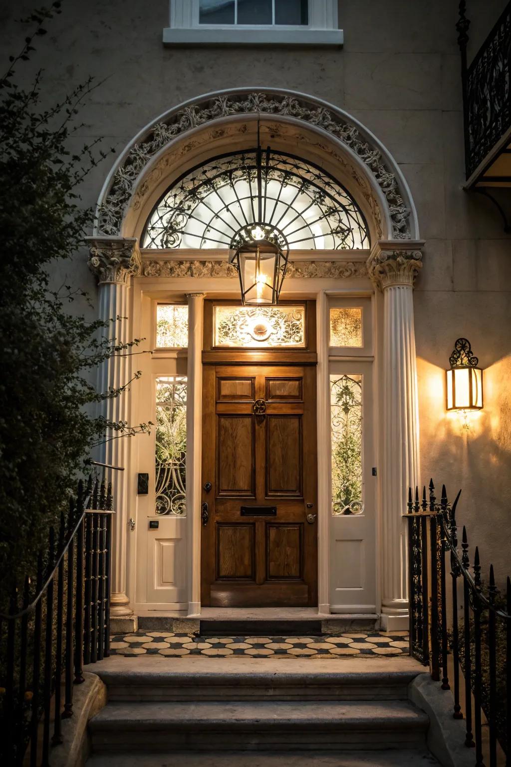 A transom pane injects light and elegance to the entrance.