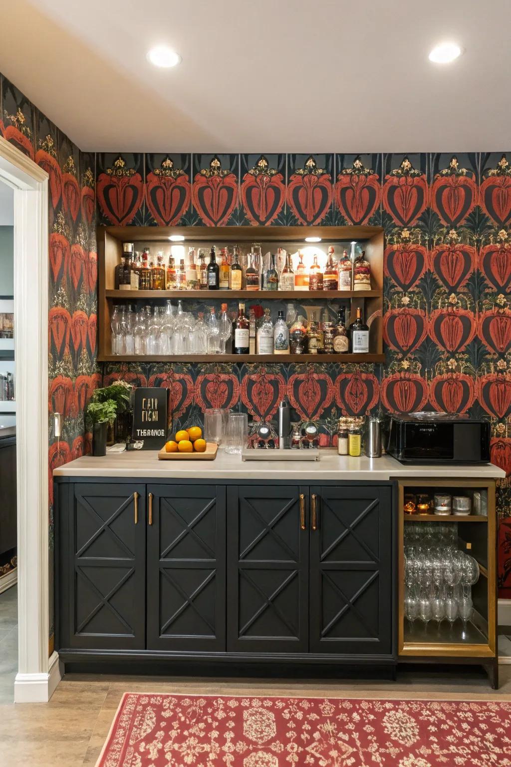 Your bar area can be transformed into a striking focal point with bold wallpaper.
