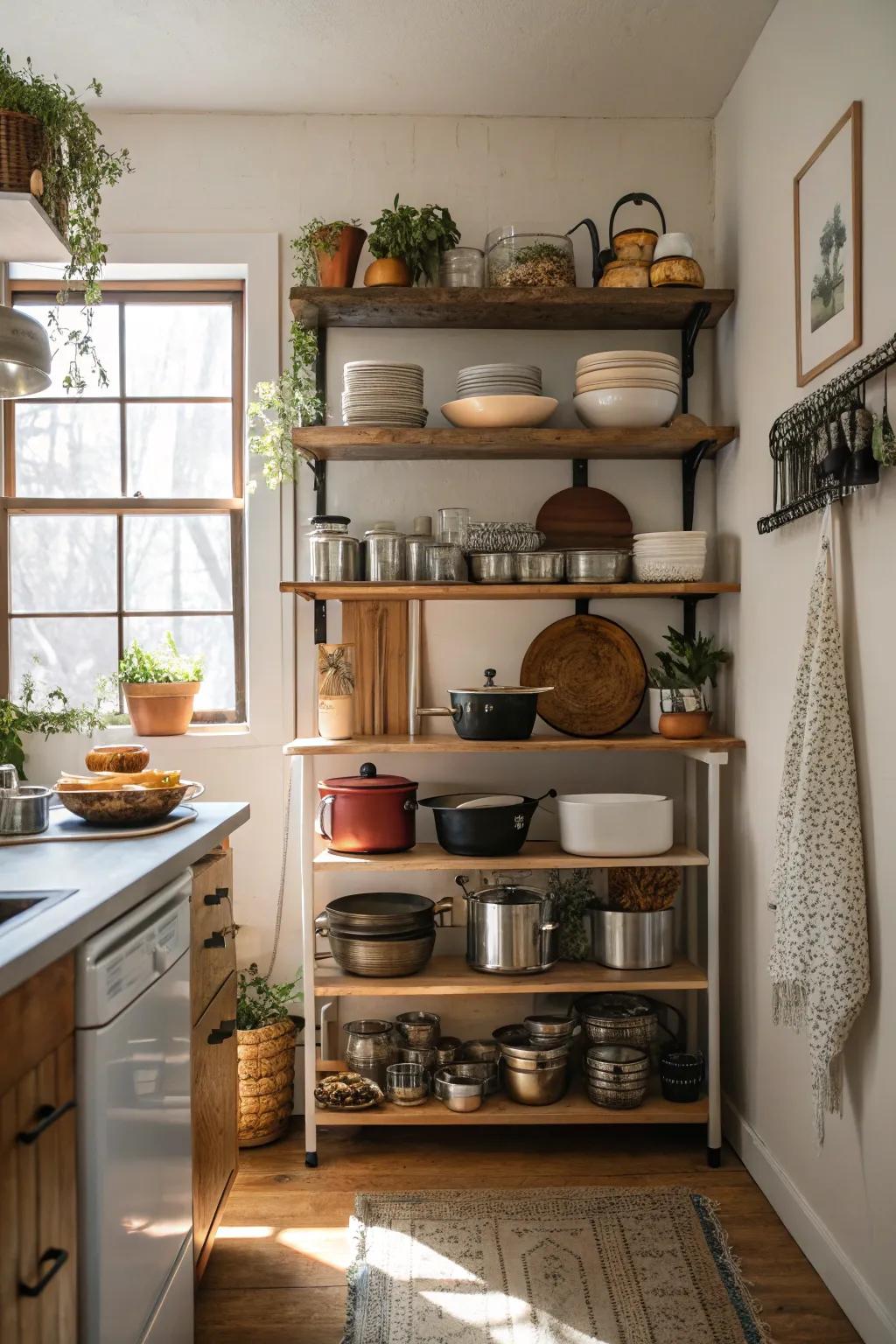 A compact kitchen features chic open shelving for an airy atmosphere.