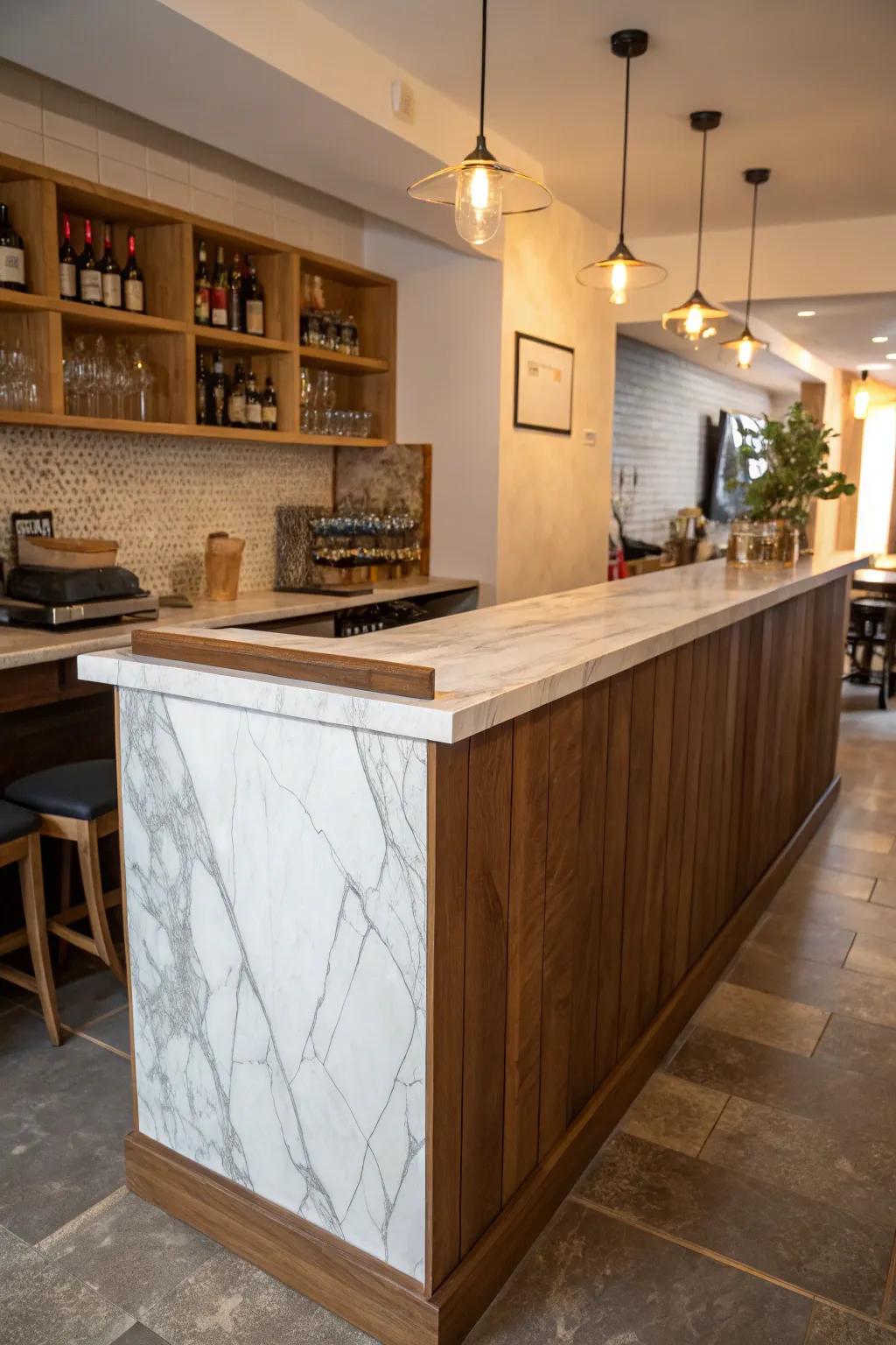 A small kitchen bar with distinct materials creating visual separation.