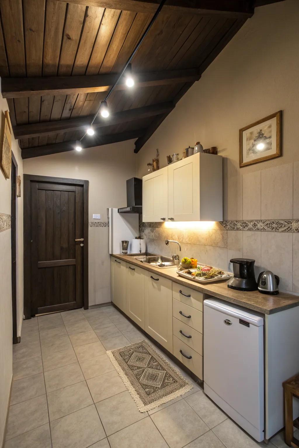 Dark ceilings create a dramatic and intimate atmosphere in small kitchens.