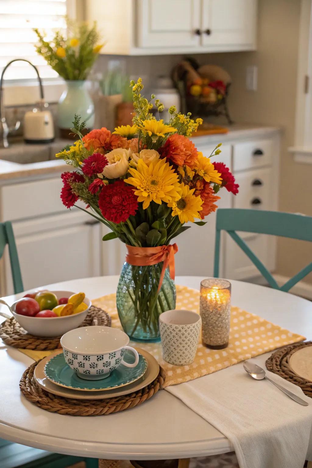 A colorful centerpiece that enlivens a compact dining area.