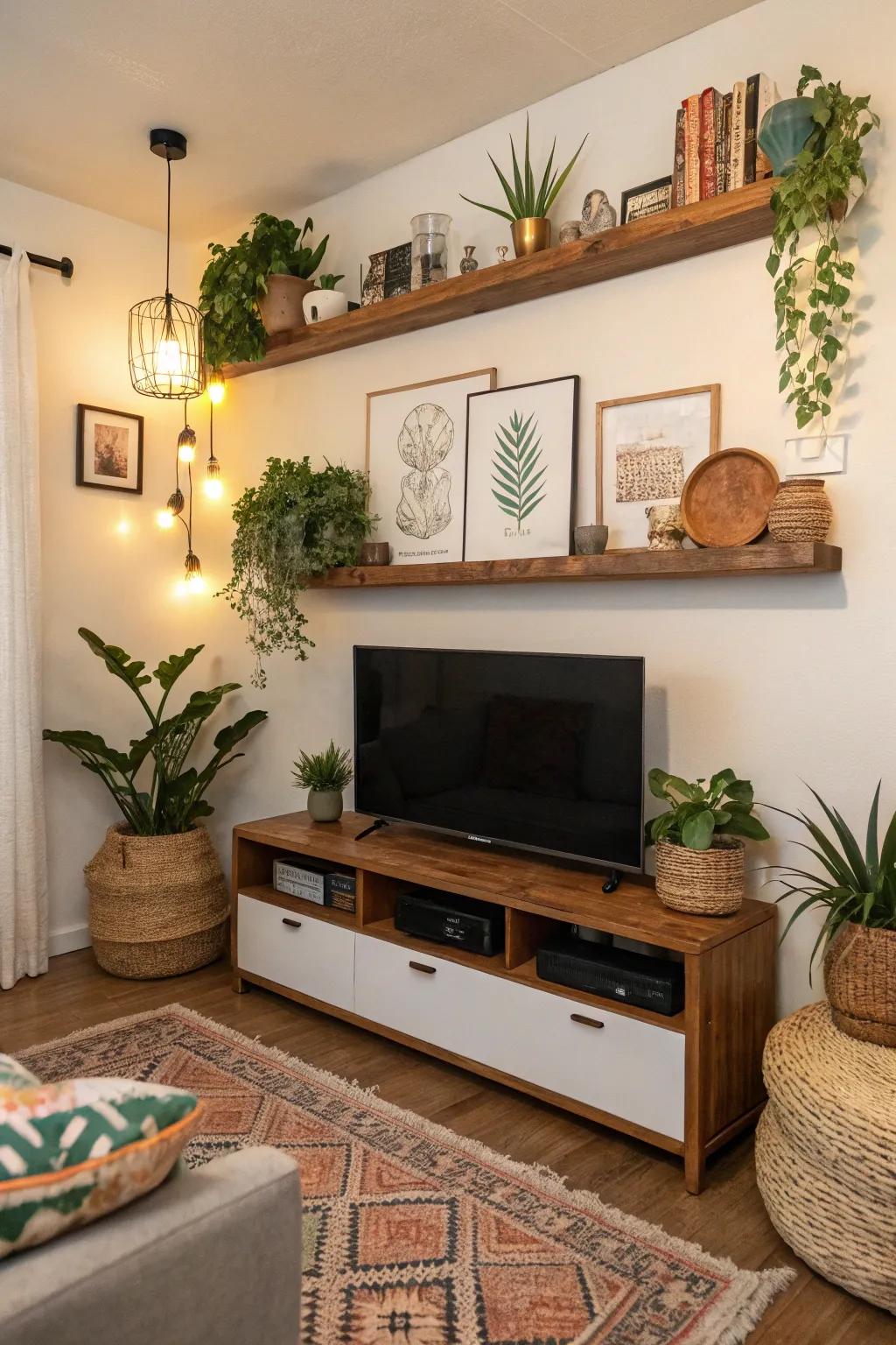 Wall-mounted shelves add décor and storage without the clutter.