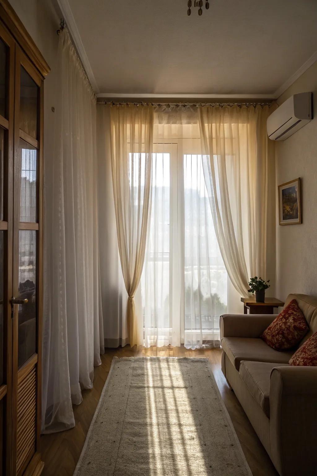 Floor-length curtains create the illusion of height and sophistication.