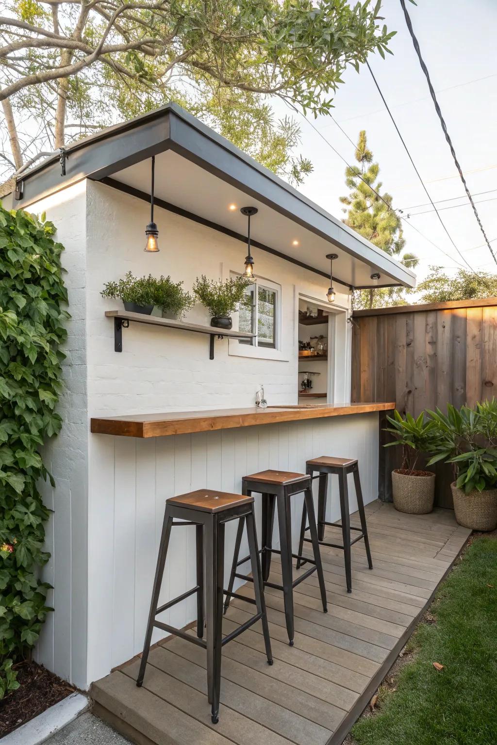 A wall-mounted bar offers a stylish solution for outdoor entertaining.