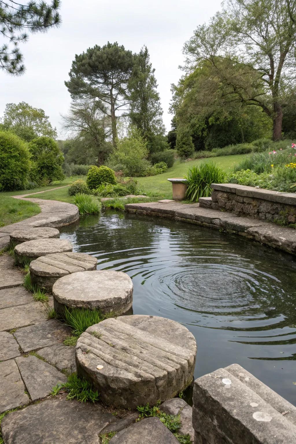 Integrated seating encourages relaxation next to a tranquil pond.