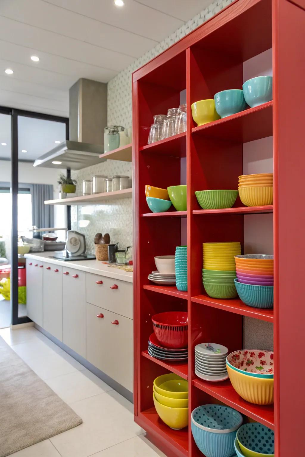 Rouge configuration shelving incorporating both color and practicality.