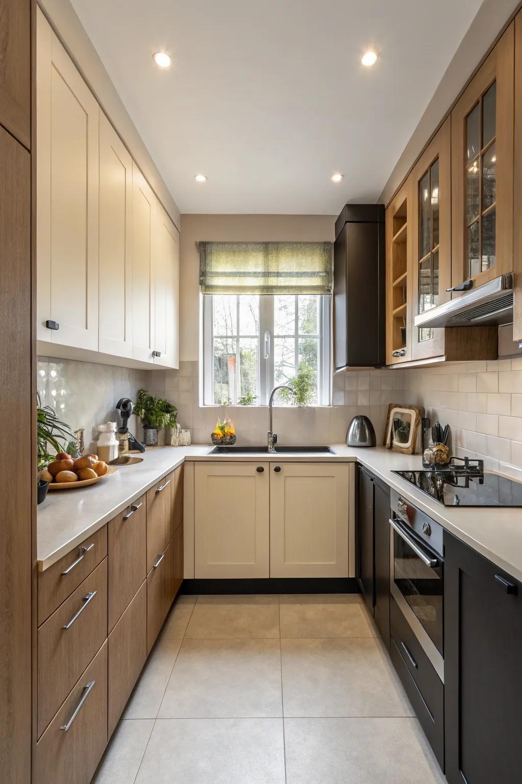Two-tone cabinets enhance the style and depth of this compact kitchen.