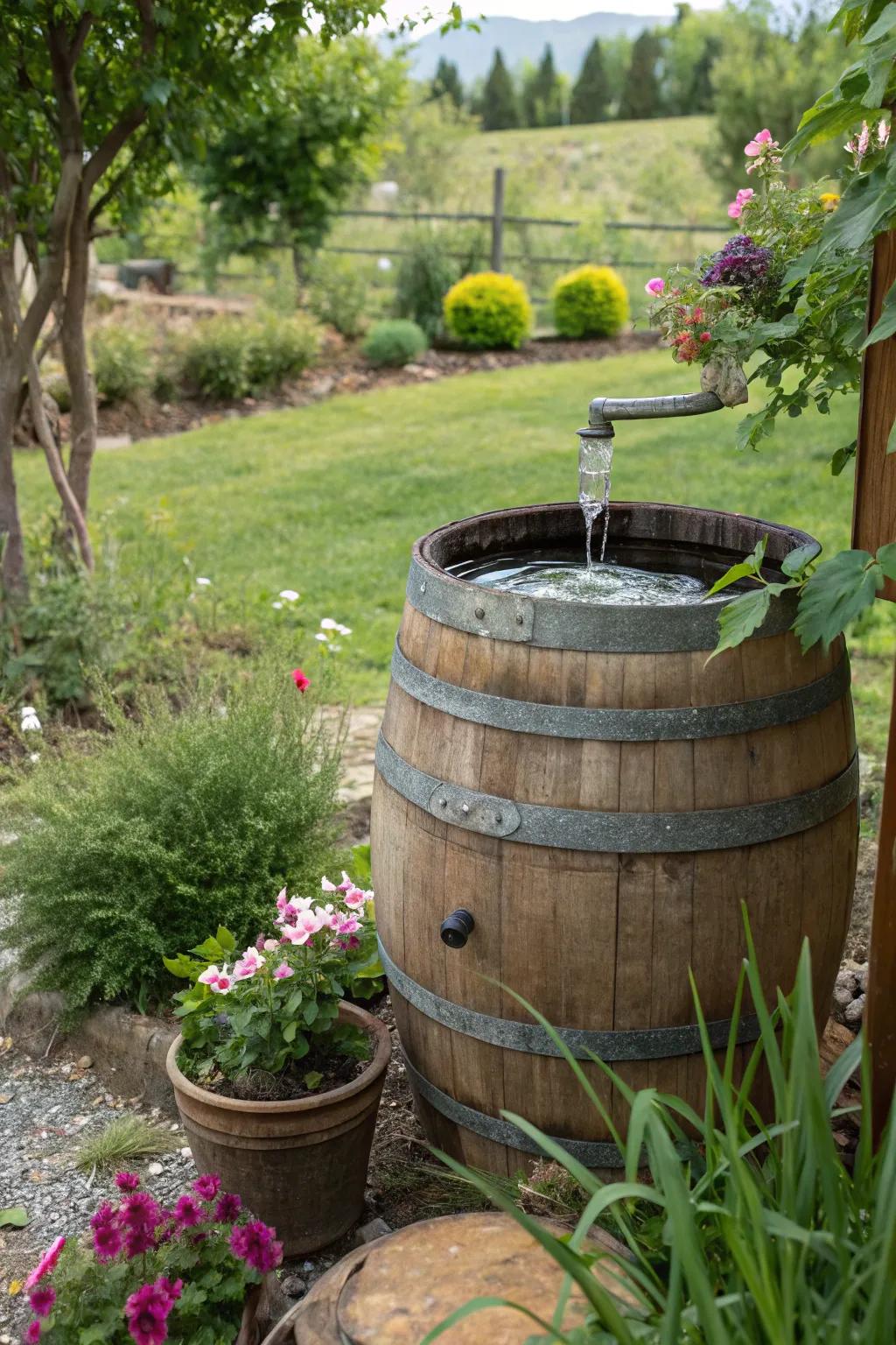A repurposed wine barrel transformed into a charming solar fountain.