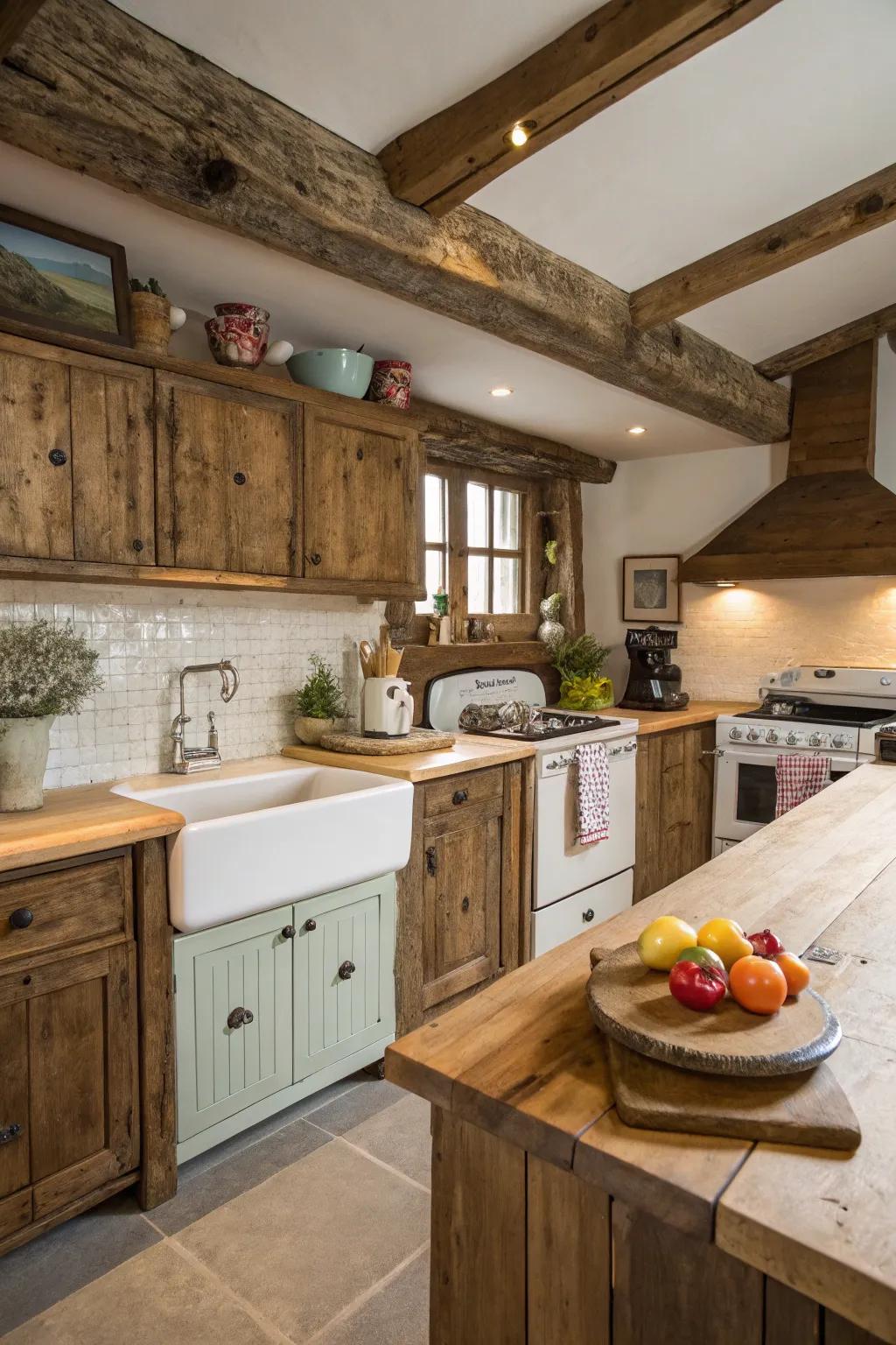 Butcher block countertops offer practicality and rustic charm.