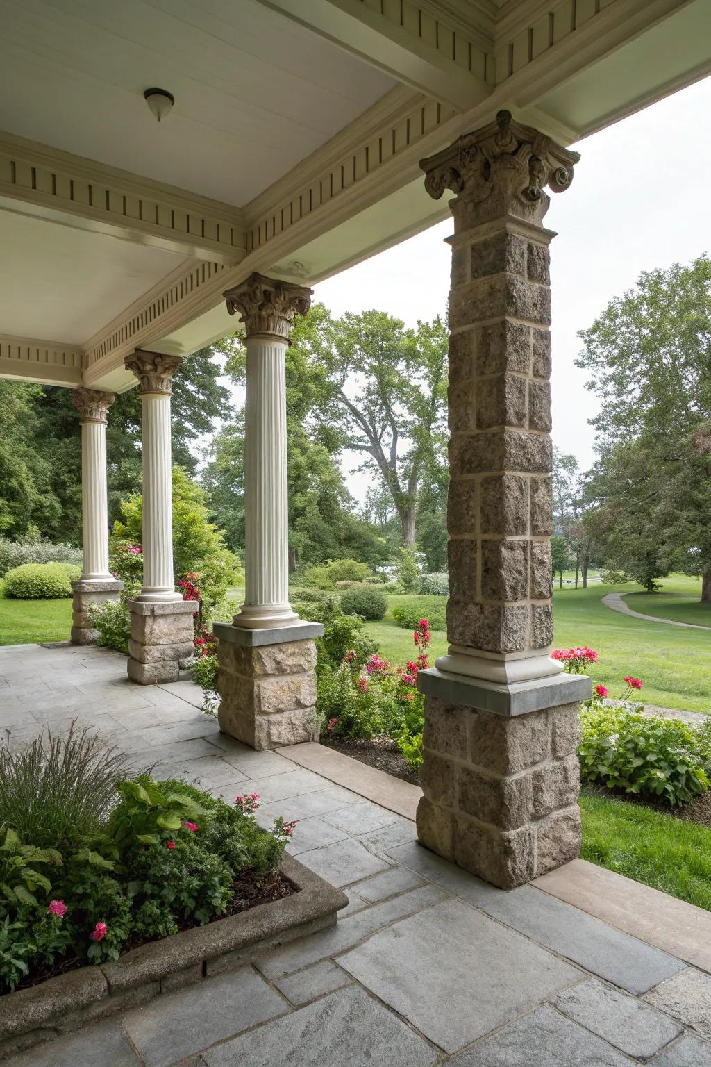 Stone-wrapped bases add rugged elegance to rectangular pillars.