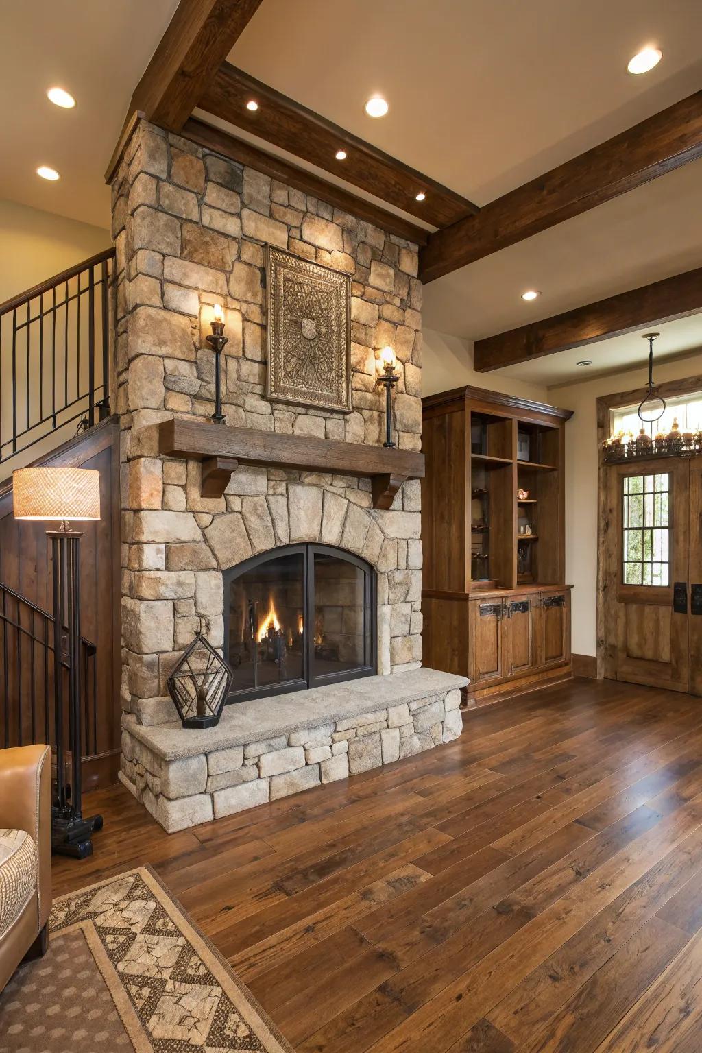 A harmonious blend of natural materials around a stone fireplace.