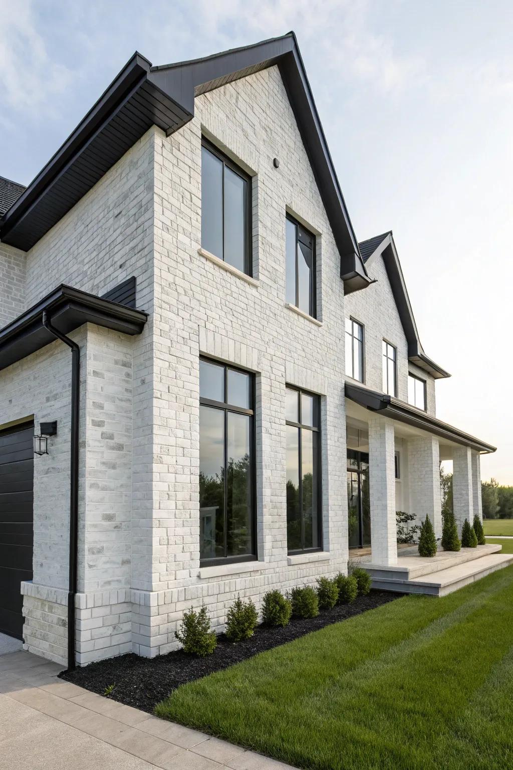 Bold contrast with white brick and black stone.