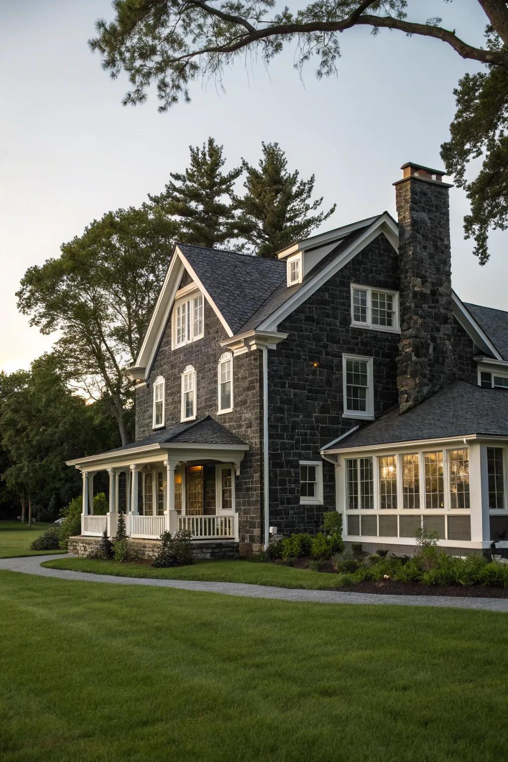 A striking house facade with bold, dark stone elements.