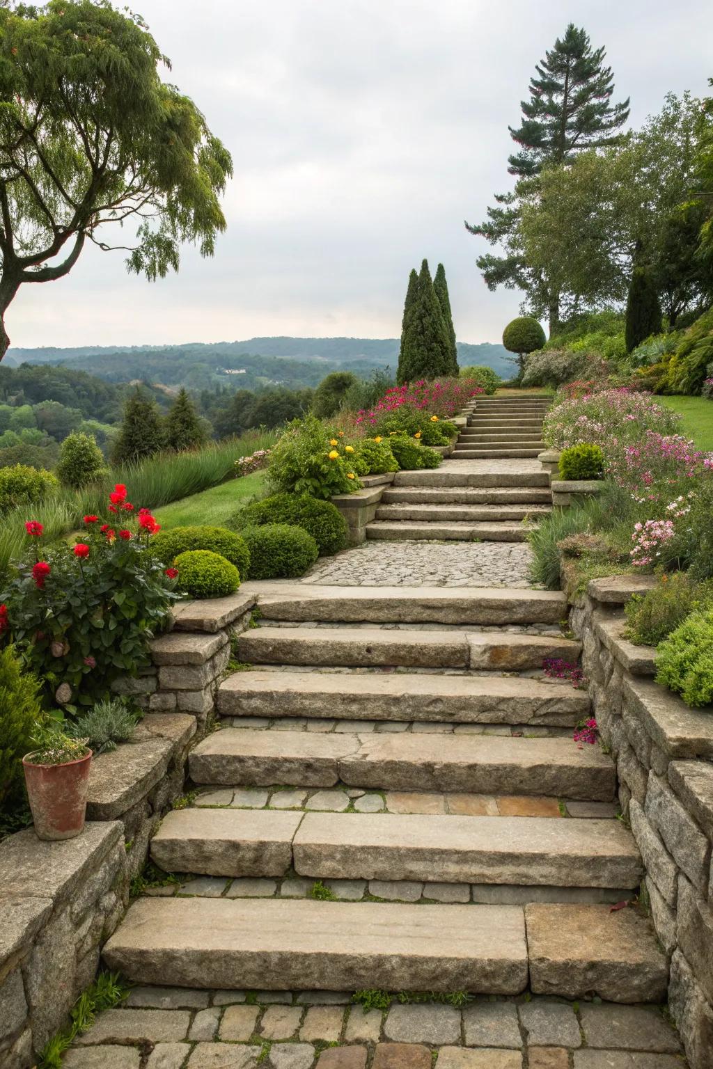 Elevated stone steps contribute profundity and dimension to your yard.