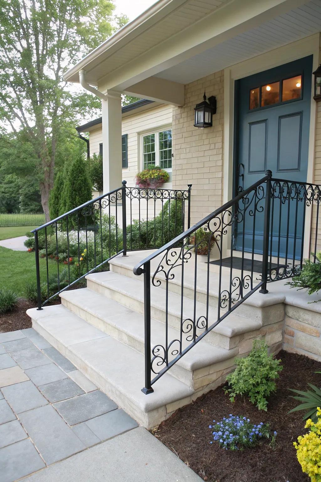 Sophisticated railings enhance the stoop’s allure.