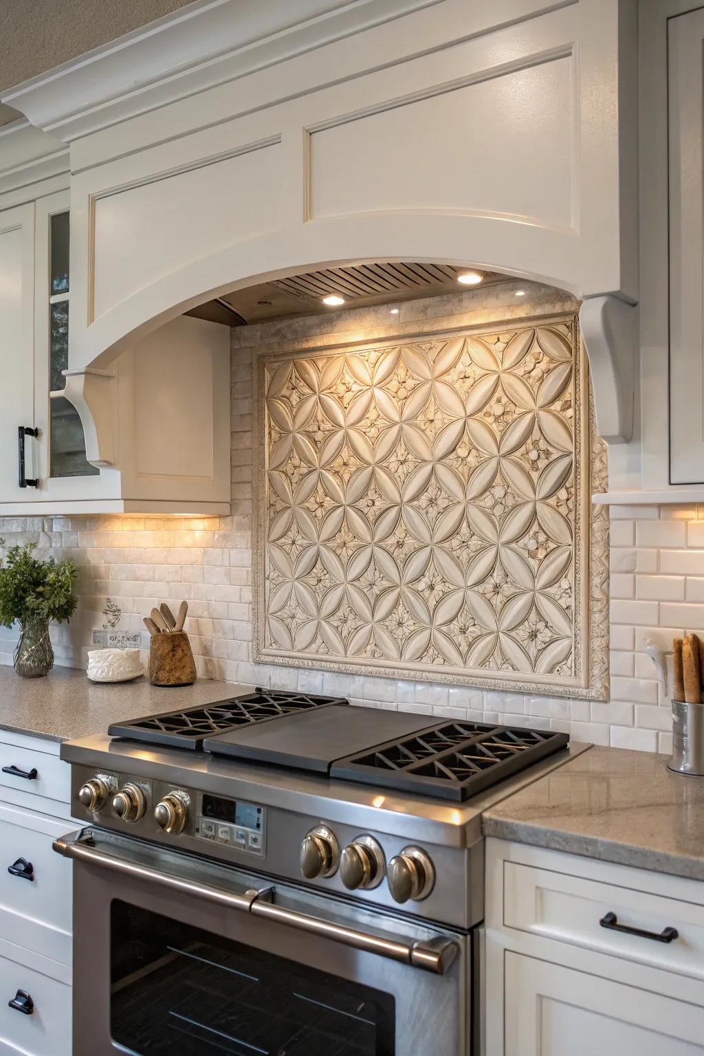 A unique stove alcove featuring textured tiles, enhancing the kitchen's depth and visual appeal.