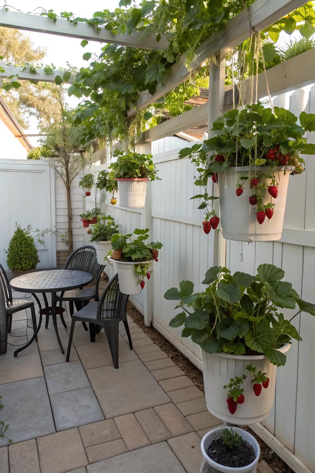 Strawberries hanging from upside-down planters.
