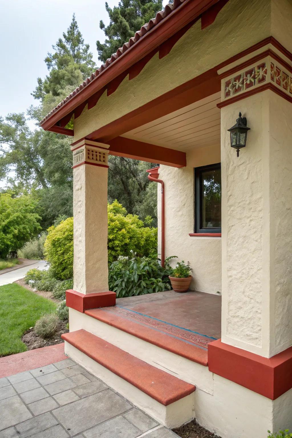 On this stucco porch, color contrasts produce a striking appearance.