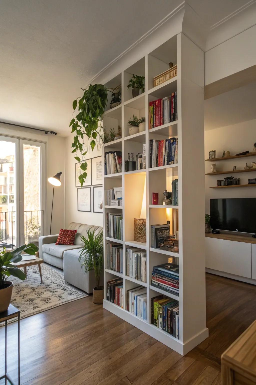 Partition walls with shelves offer separation and storage.