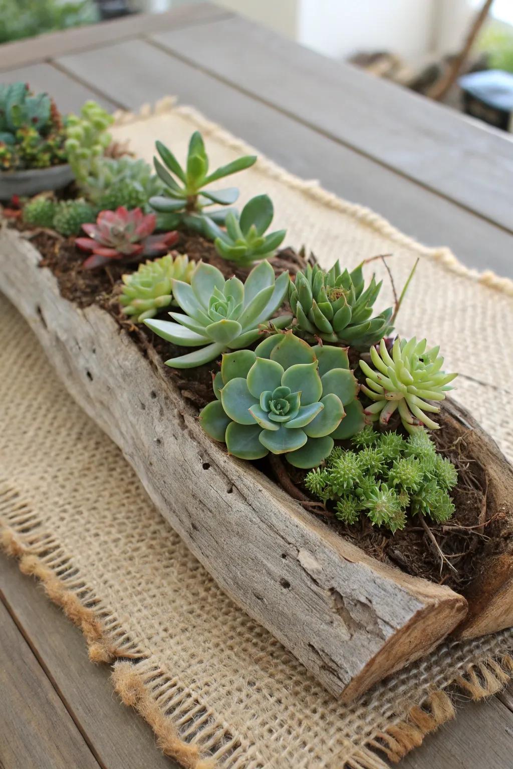 A rustic scene of succulents in coastal wood.