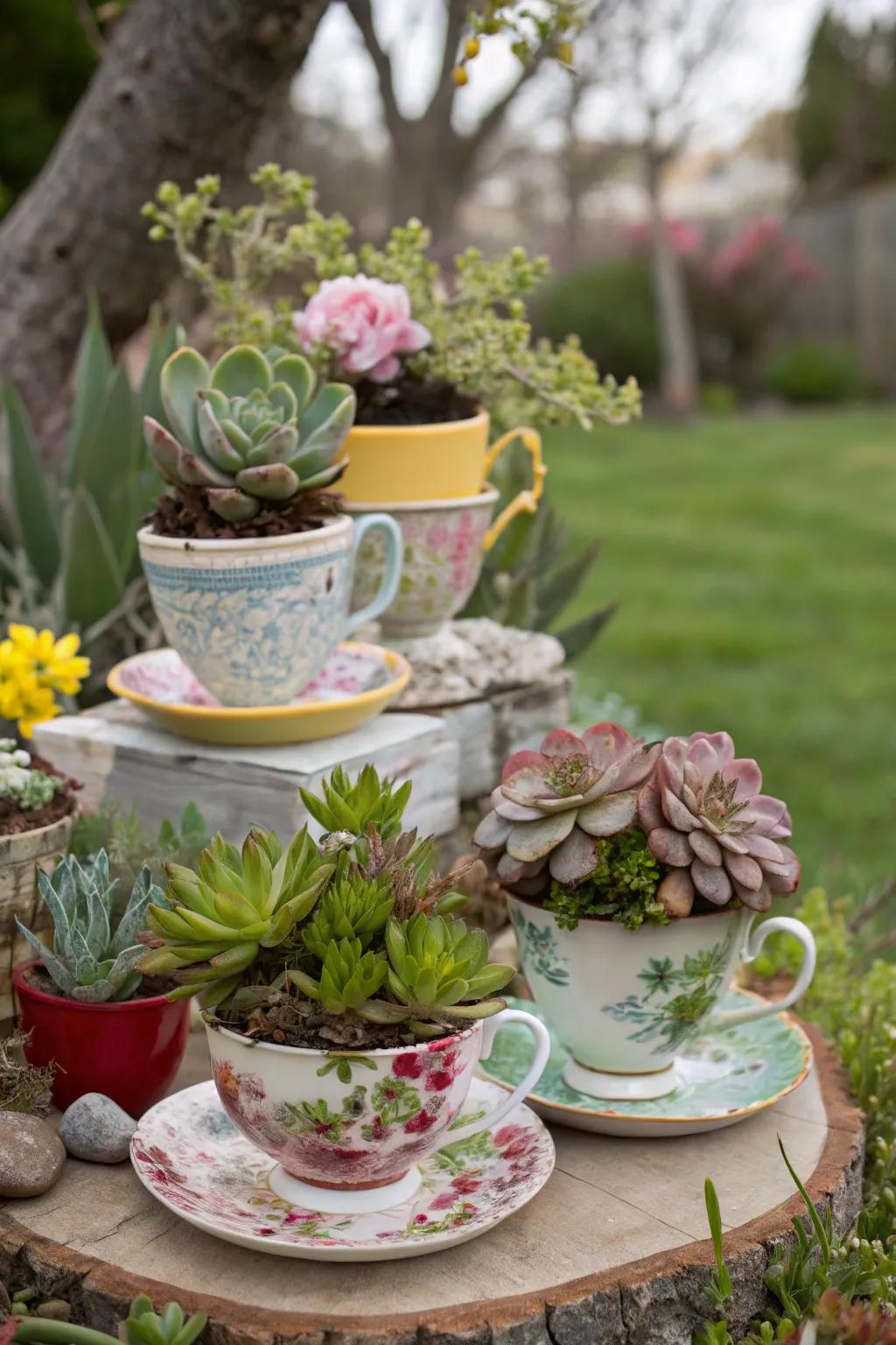 A whimsical and playful display of succulents in mismatched pots and teacups.
