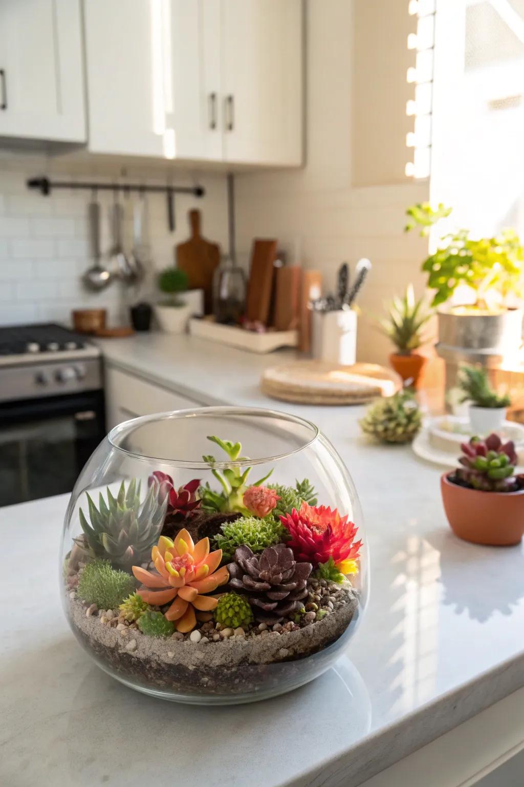 A vibrant terrarium with a pop of color.