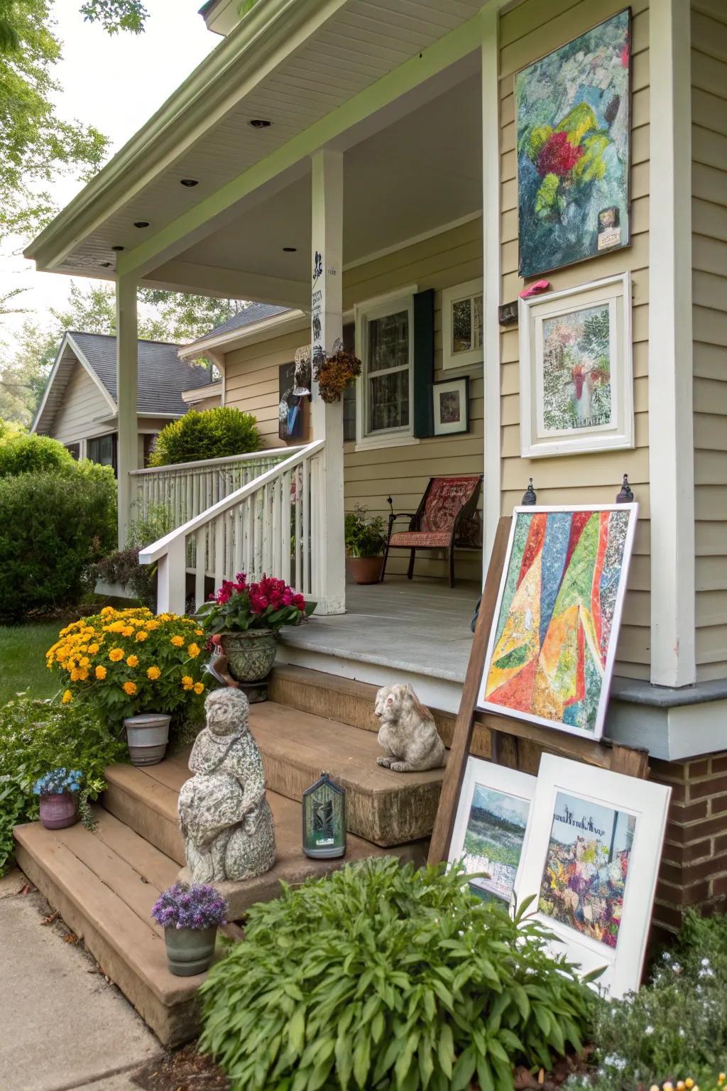 Outdoor artistry adds a creative flair to the porch.