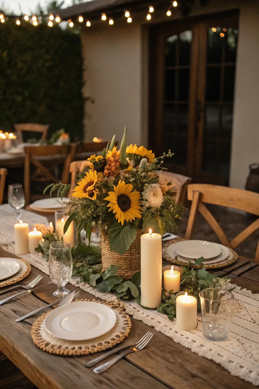 Enhance your dining atmosphere with a sunflower centerpiece.