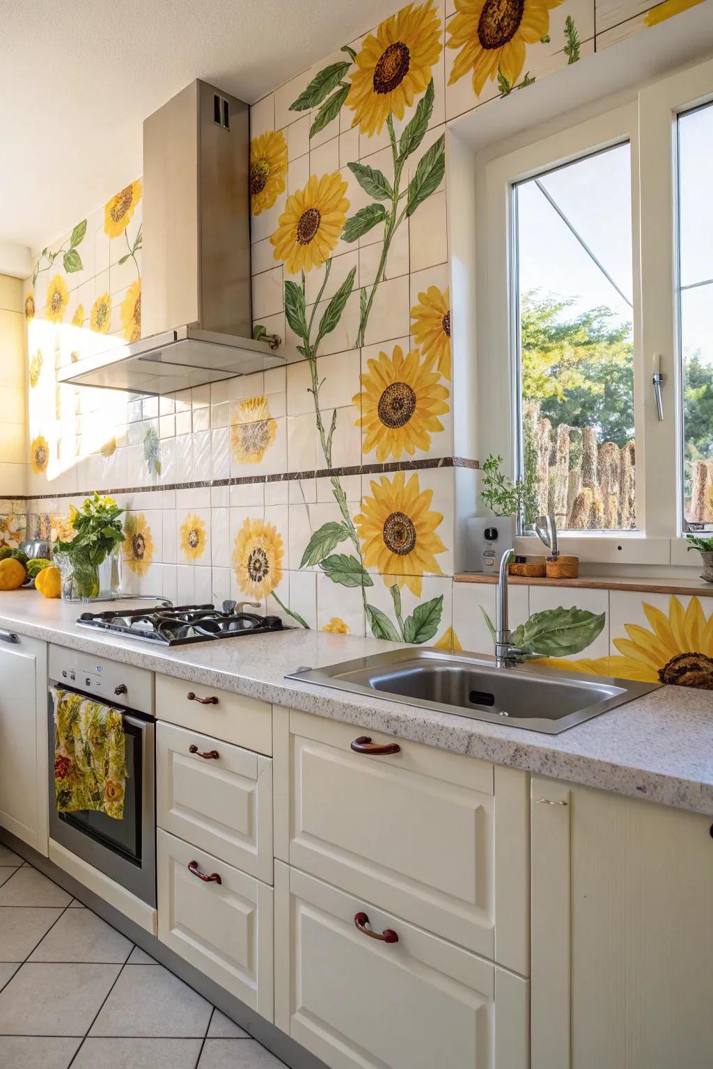 Sunflower-themed tiles add a surprise element and brighten the kitchen.
