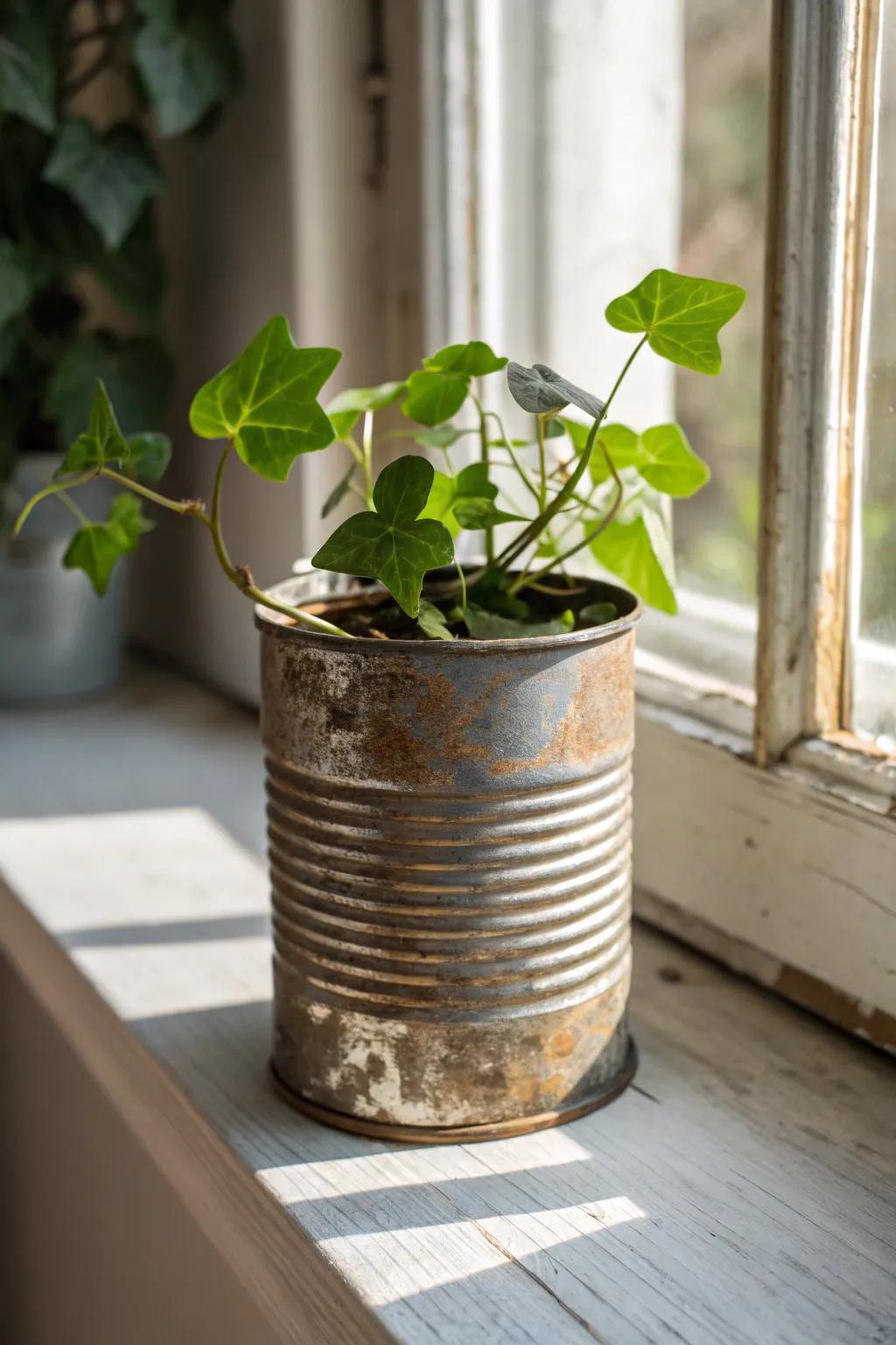 Transform tin cans into charming planters for a touch of green elegance.