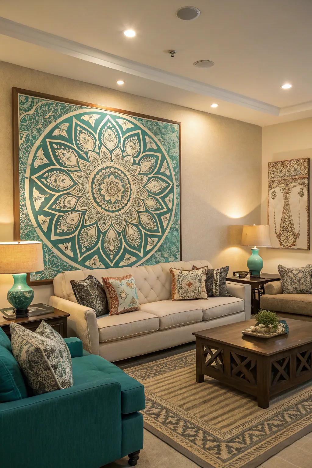 Artwork in teal and beige anchors the room beautifully.