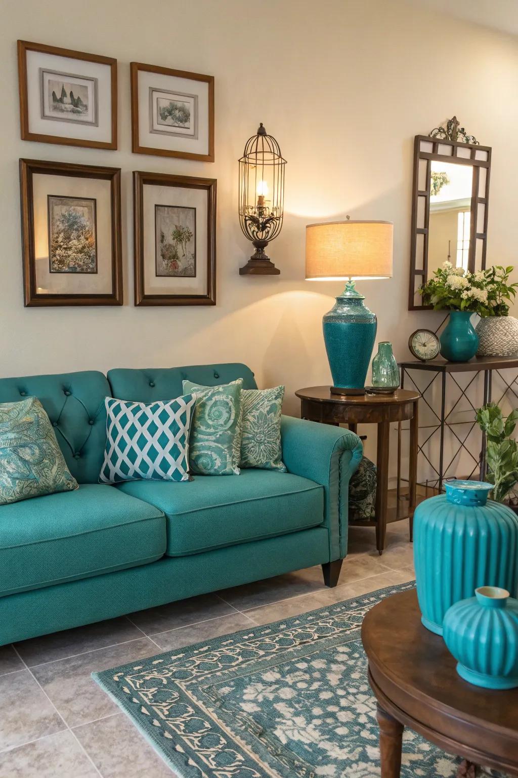 Teal accessories can create a harmonious look with your sofa.