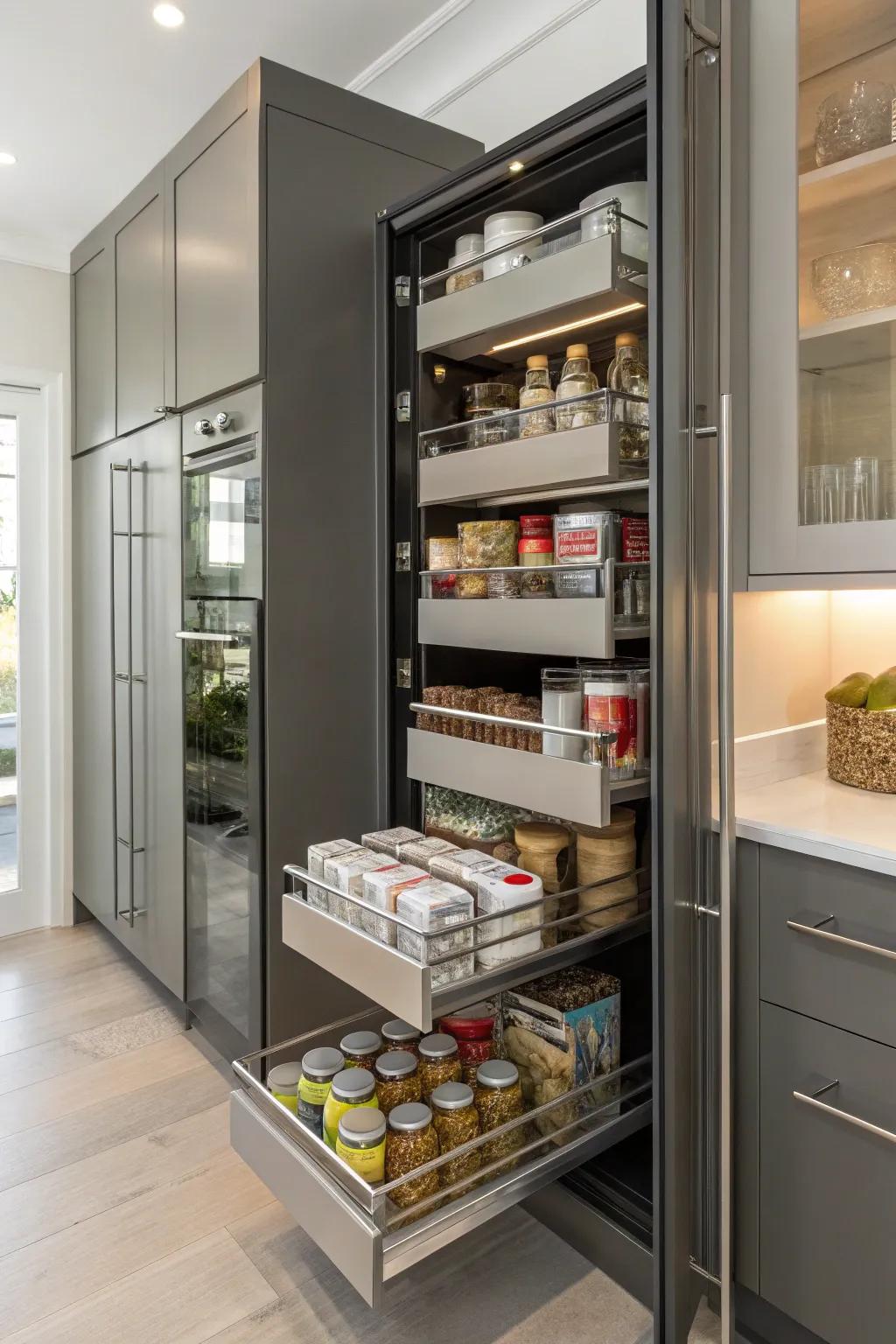 A streamlined pantry system with ample storage.