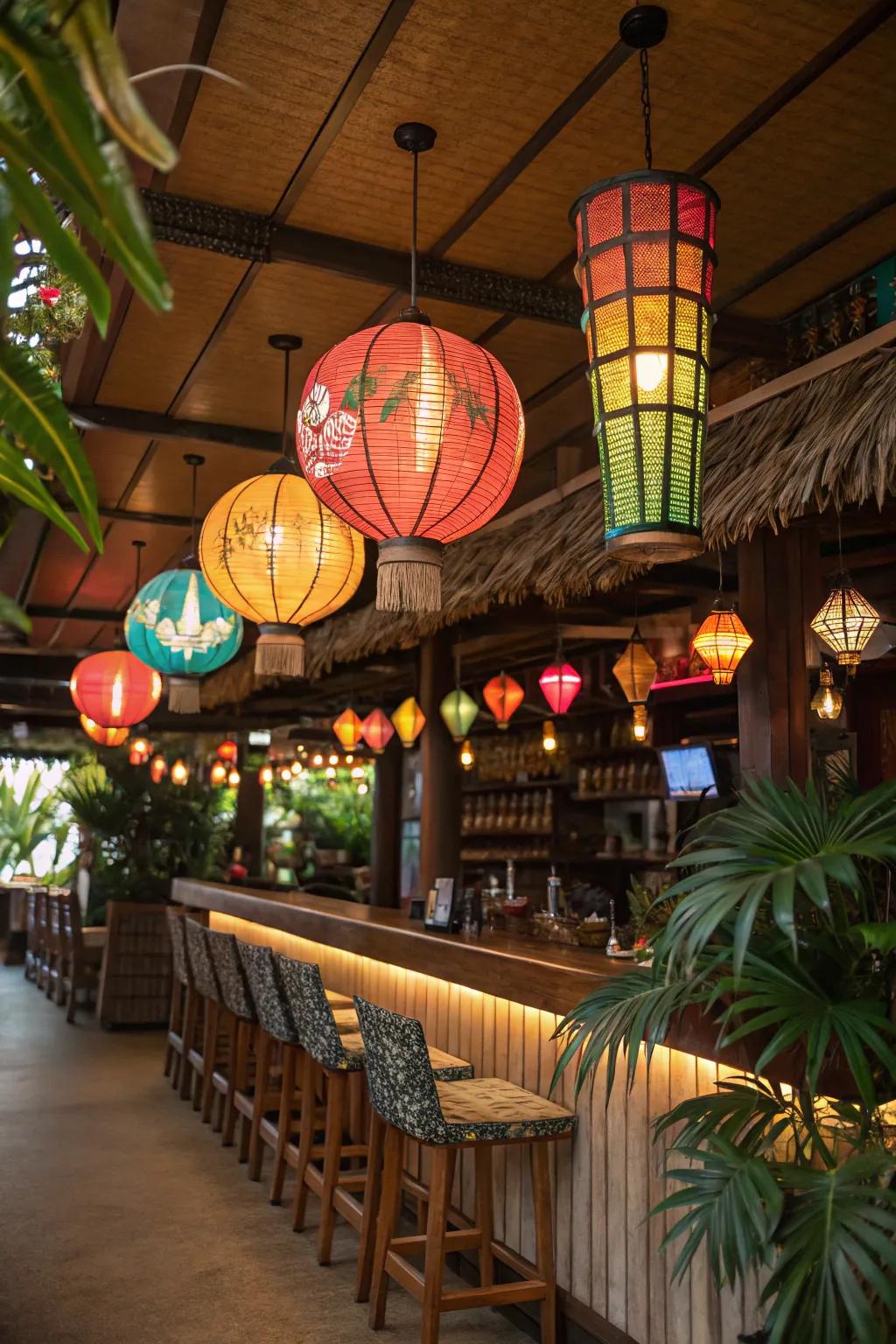 Hanging lanterns add a festive and colorful element.