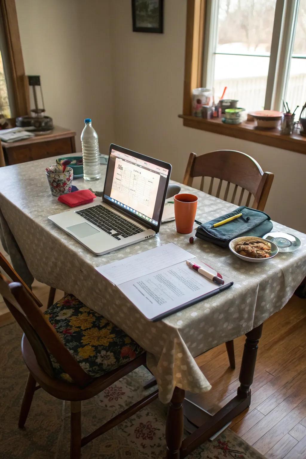 A multi-use dining table serves as an efficient workspace.