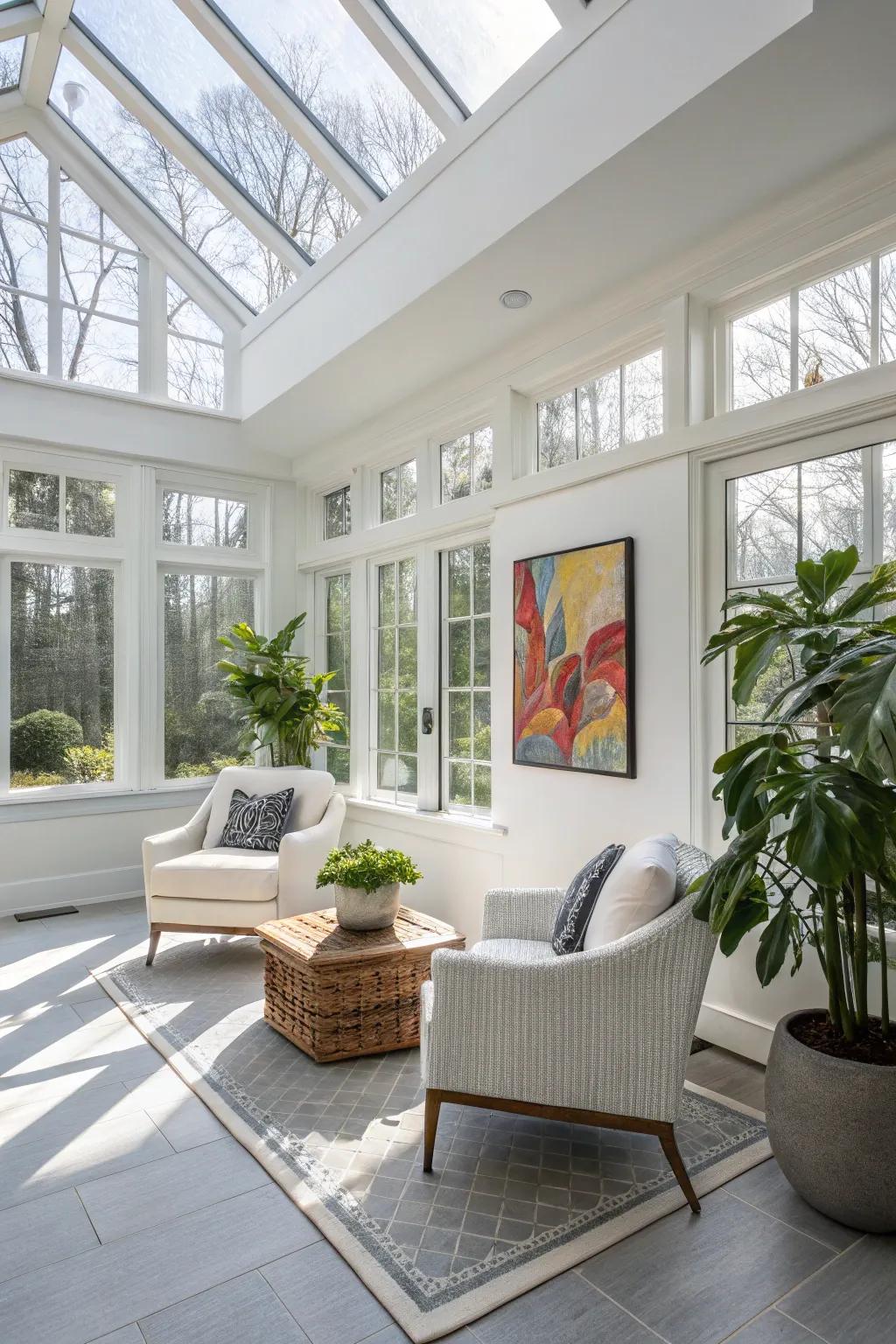 Cool white walls in a sunroom offering a crisp and modern aesthetic.