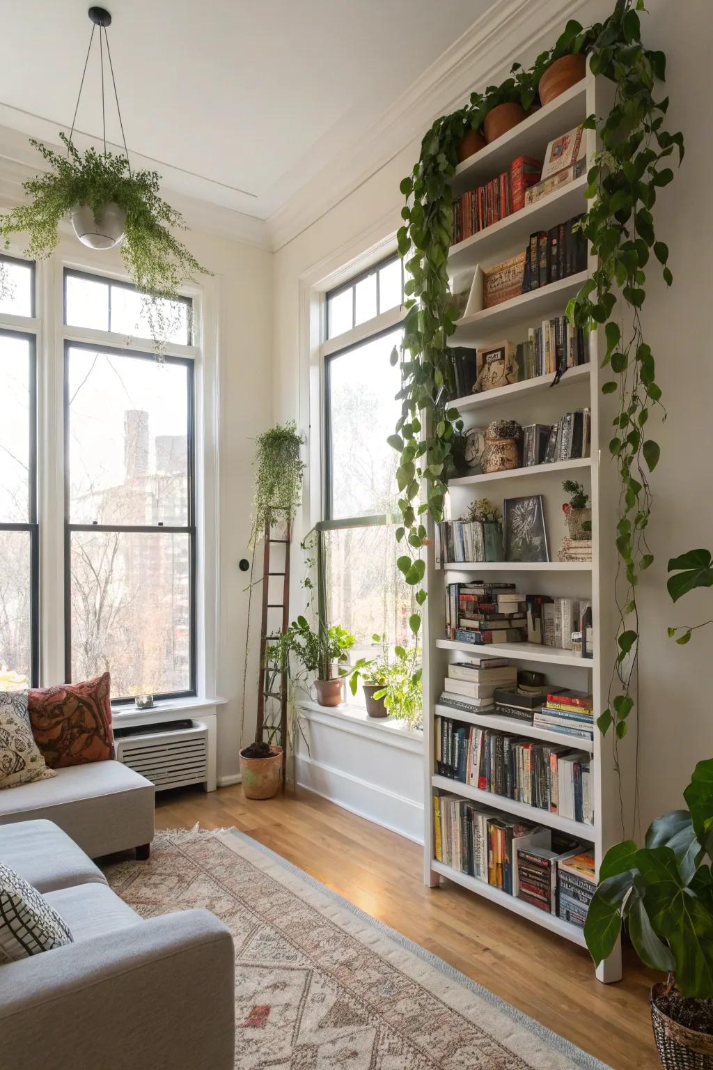 Vertical space is maximized with stylish tall shelves and hanging plants.
