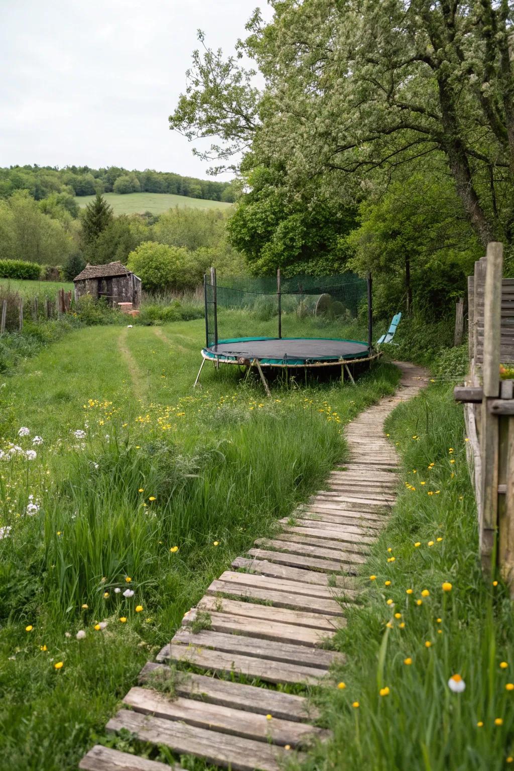 A rustic wooden pathway creating an inviting route to the bounce platform.