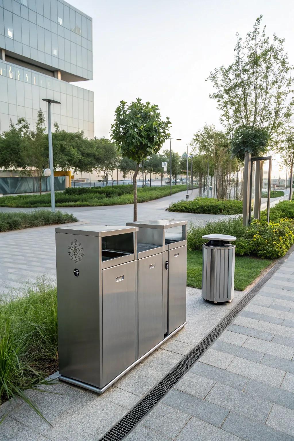 A modern outdoor space featuring sleek metal cabinets for trash bins.
