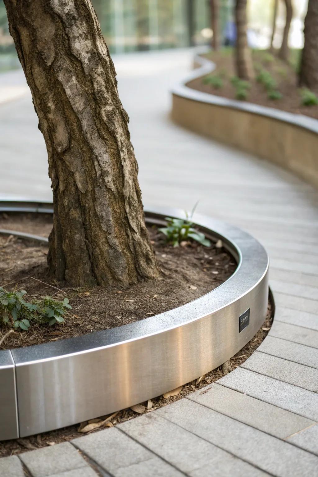 Elevate your garden's elegance with sleek metal tree ring edging, combining modern design with natural beauty.
