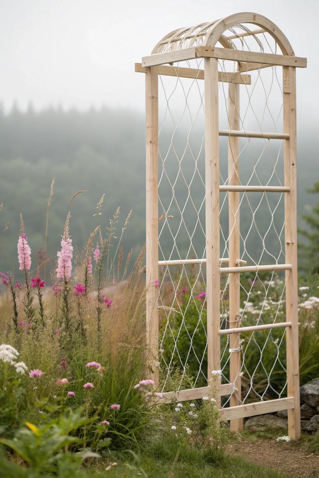 Elevate your garden's elegance with minimalist trellis netting—simplicity meets natural beauty!