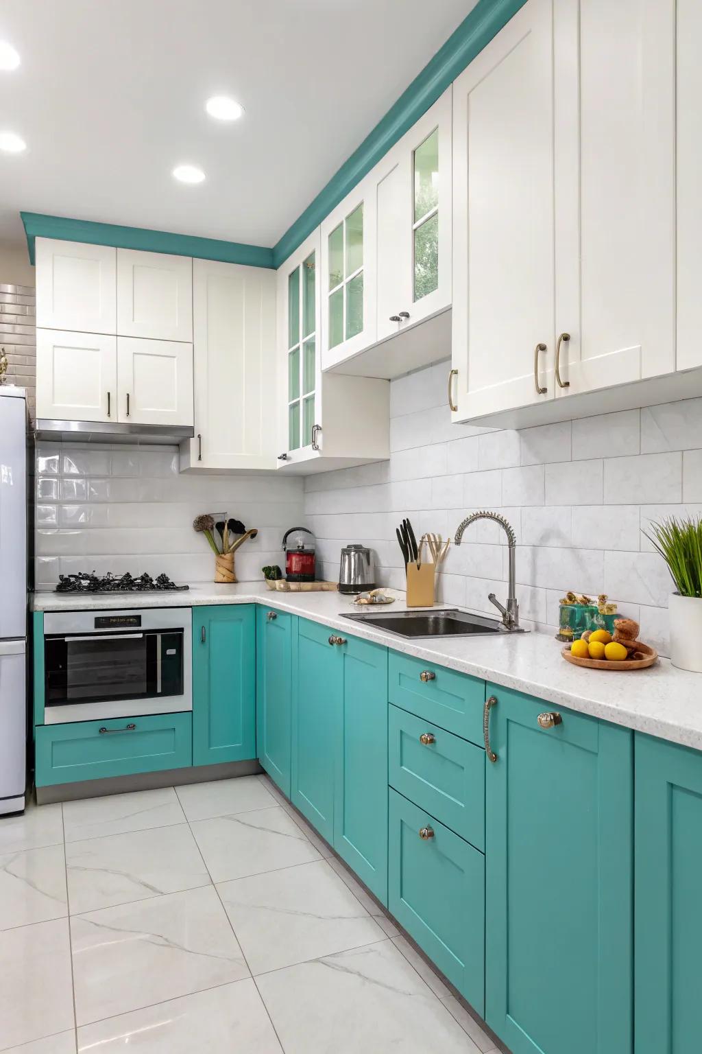 Two-toned design incorporating depth to turquoise kitchen cabinets.