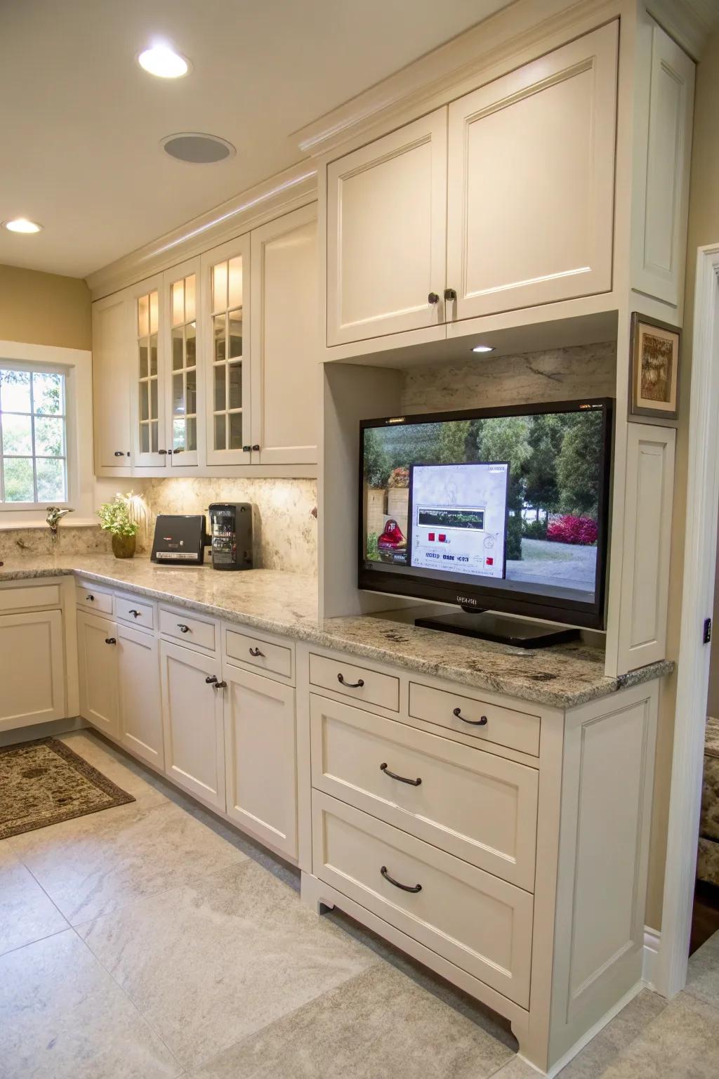 A small TV set up under cooking space cabinets for convenient viewing.