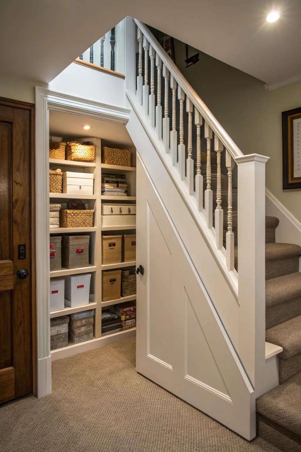 A secret storage closet cleverly hidden under the stairs.