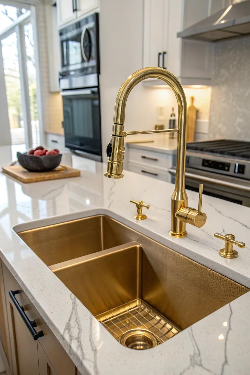 A chic pairing of an undermount sink with a stylish retractable sprayer faucet.
