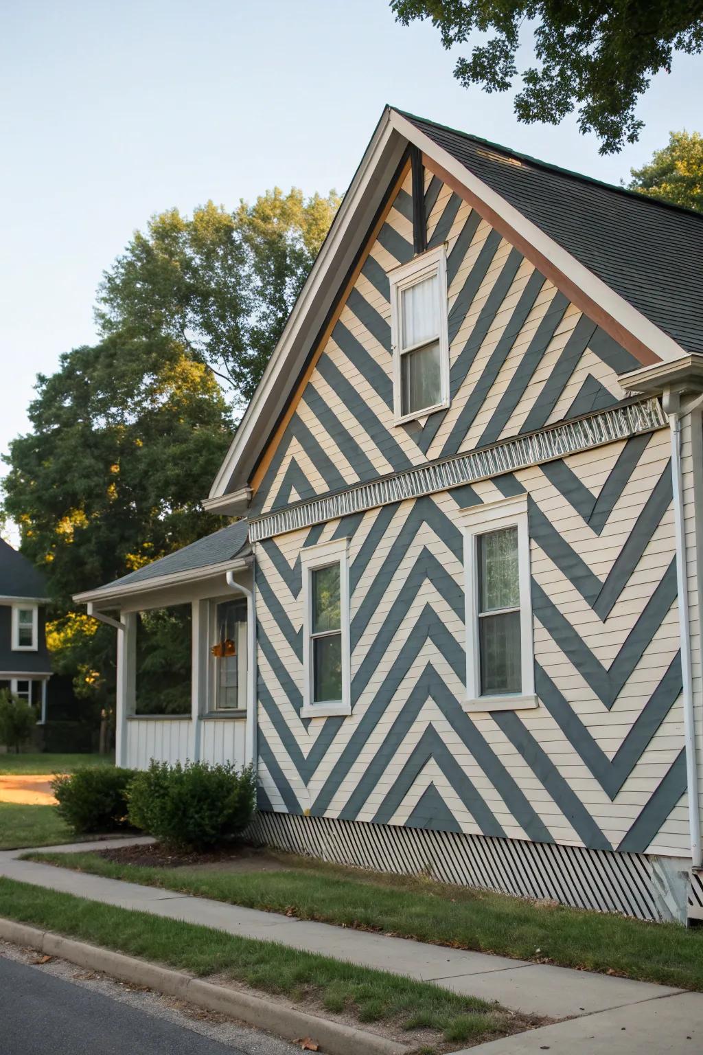 A home with diagonal siding patterns creating a striking appearance.