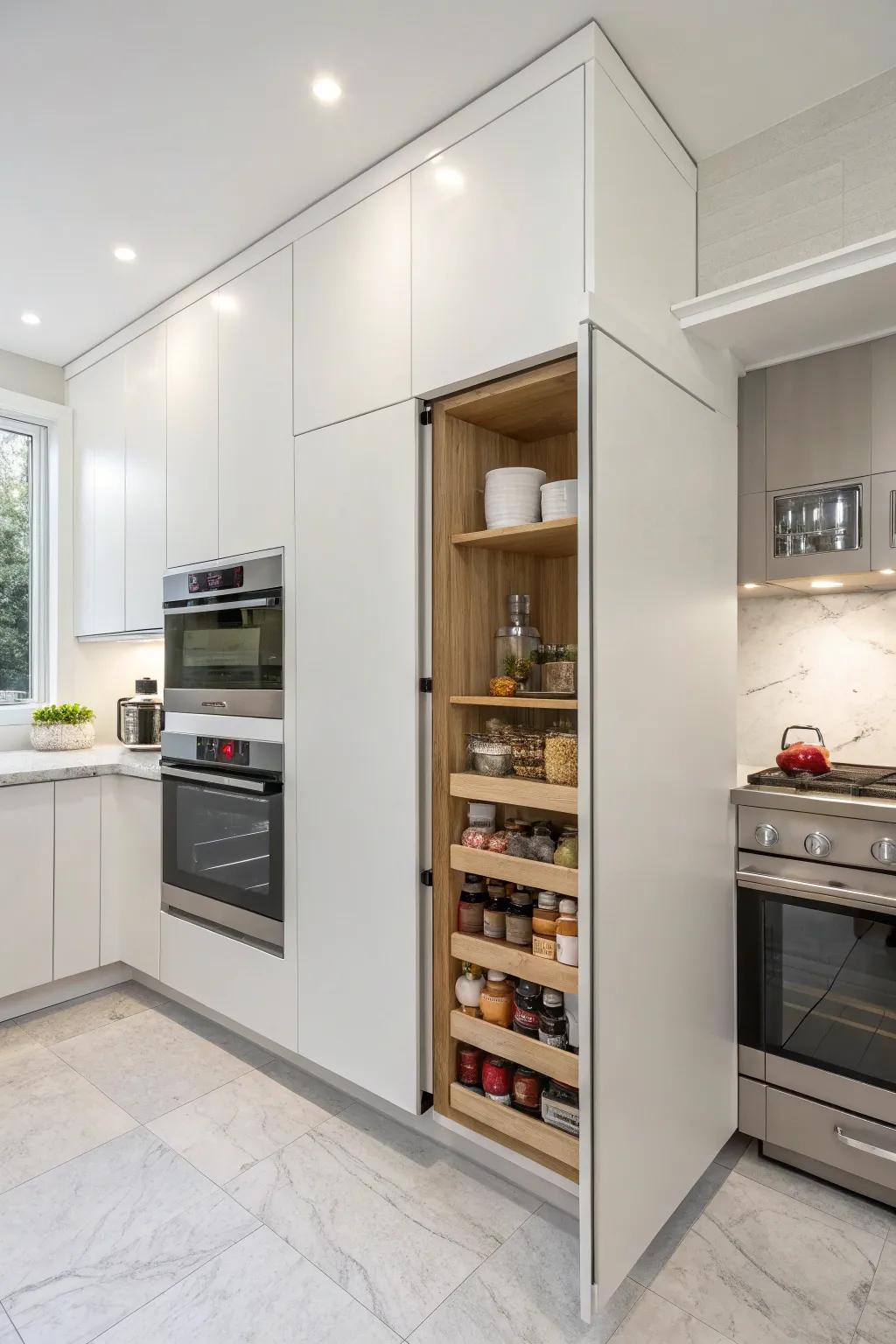 Concealed storage maintains a clean and organized kitchen.