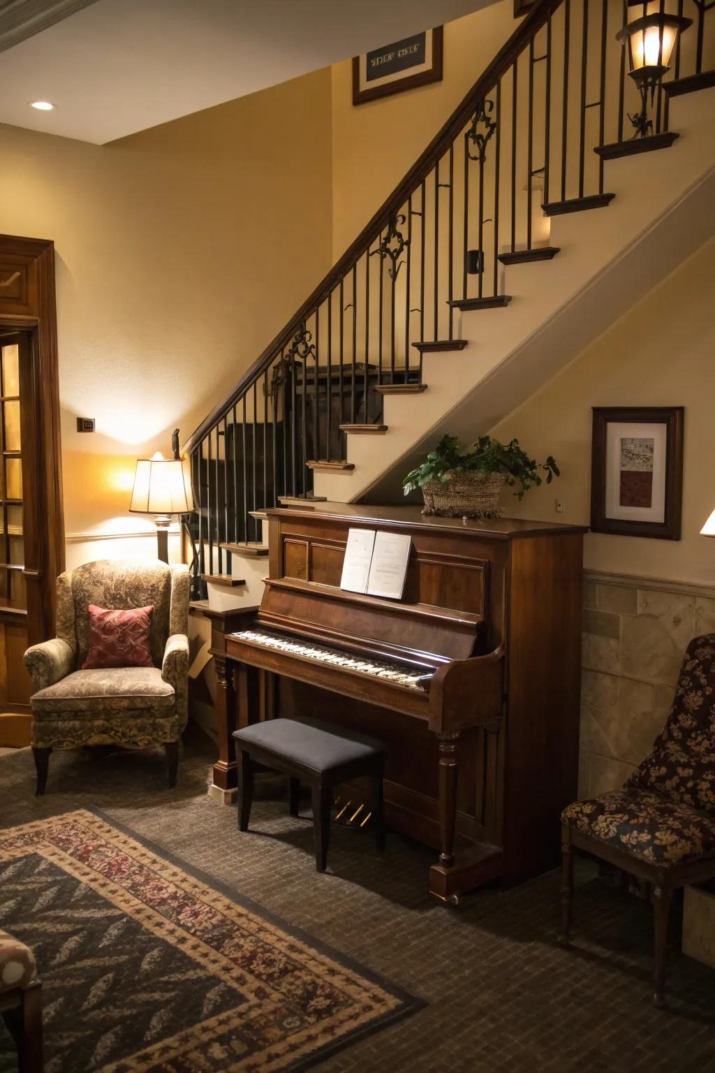 Transform an unused nook into a charming piano corner.