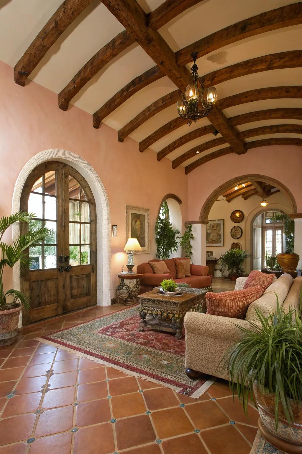 Mediterranean atmosphere with curved beams on a vaulted ceiling.